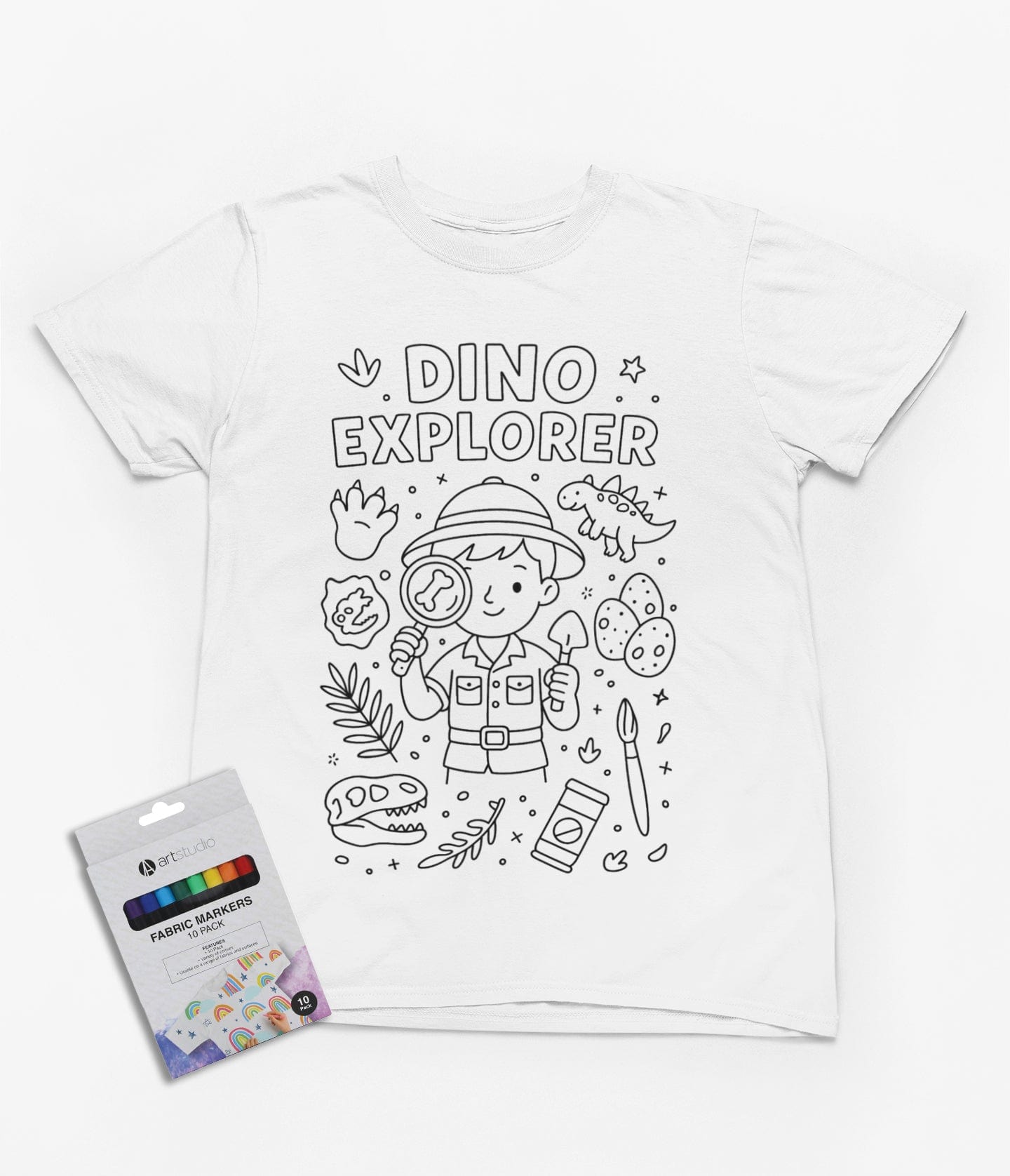 Dino Explorer Colour-In T-Shirt – Creative Fossil Hunter Tee with Markers 3-4 years gift_idea unique_gift personalised_gift