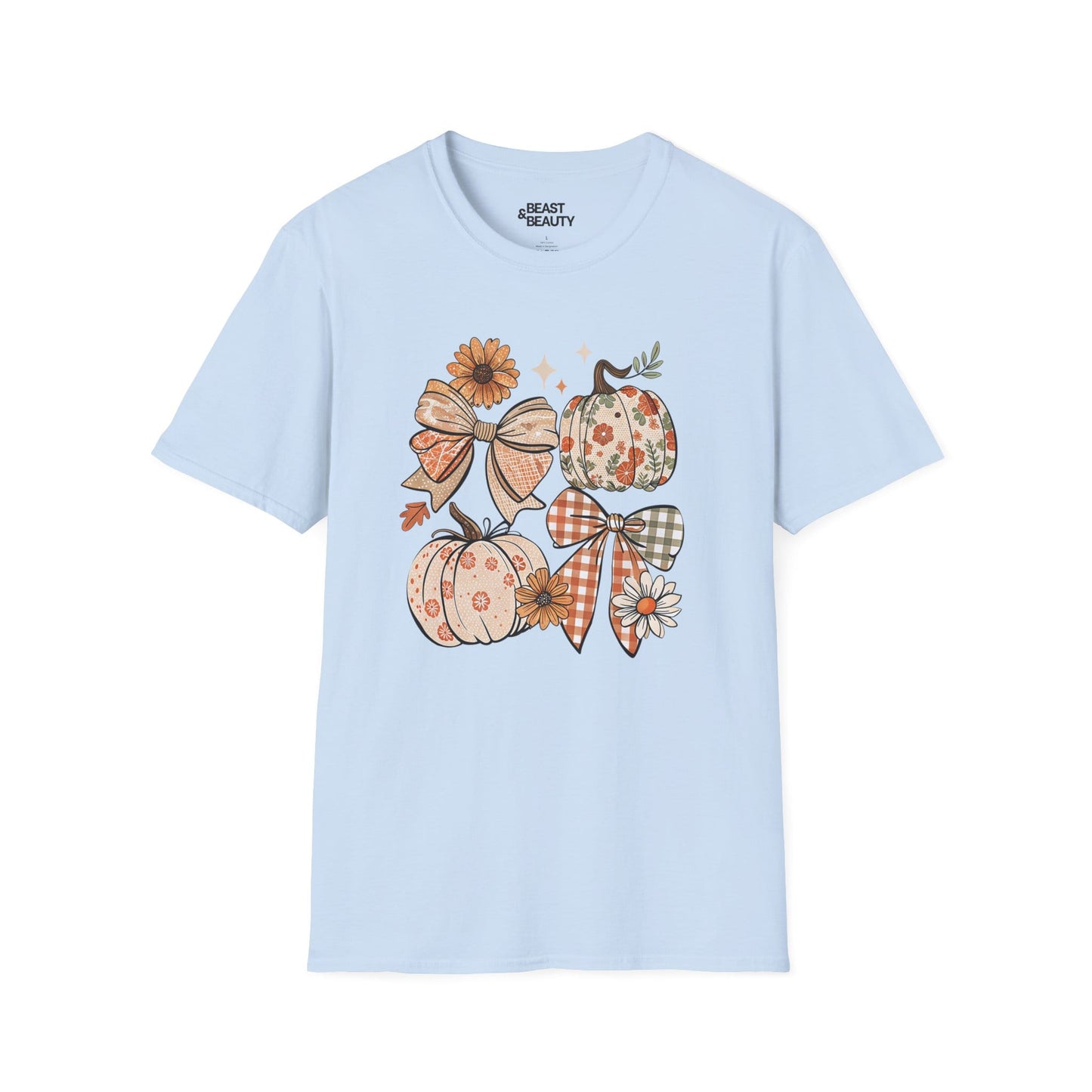 fall pumpkin bow graphic t-shirt light blue t-shirt uk Halloween gift idea
