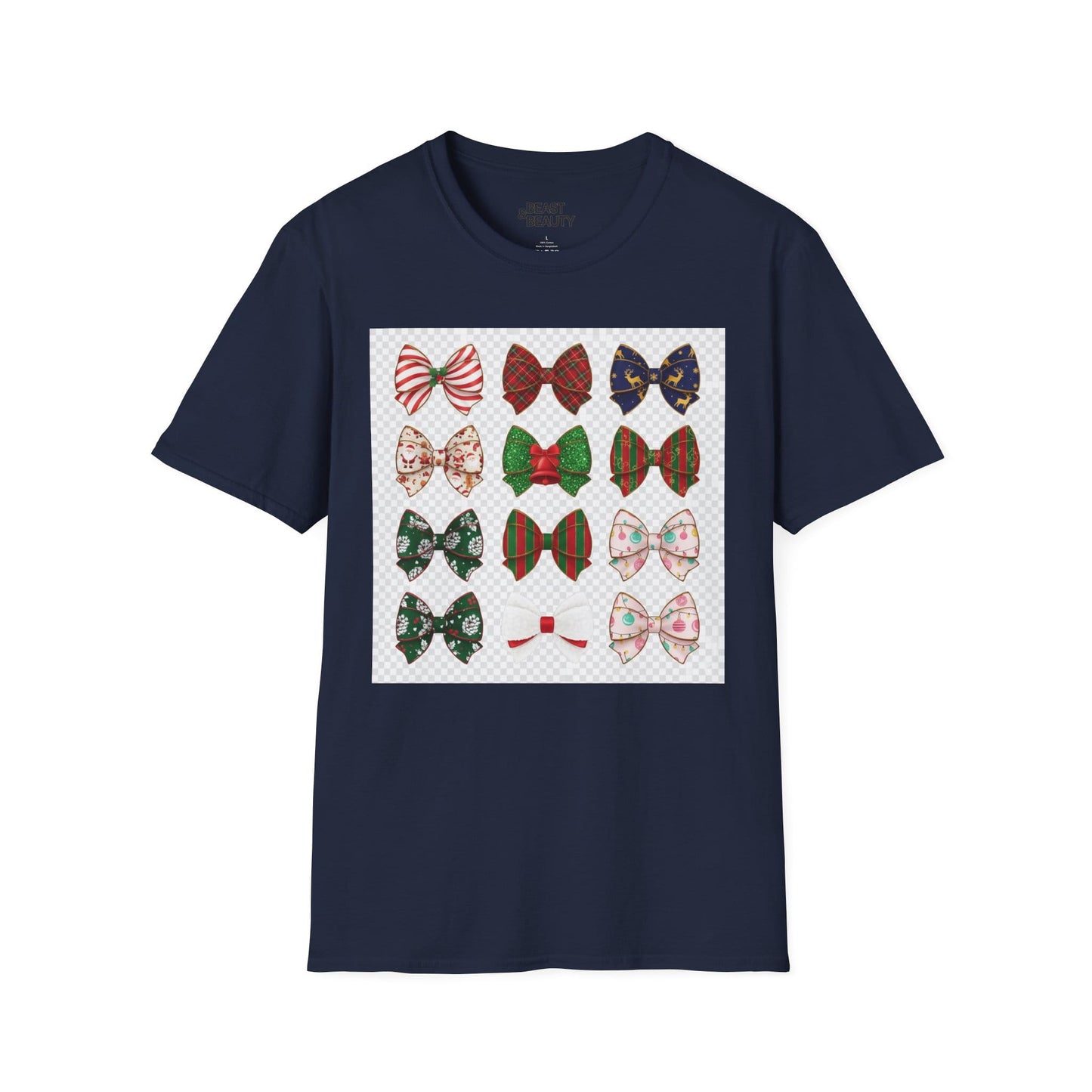 festive bow pattern t-shirt navy t-shirt uk Christmas gift idea