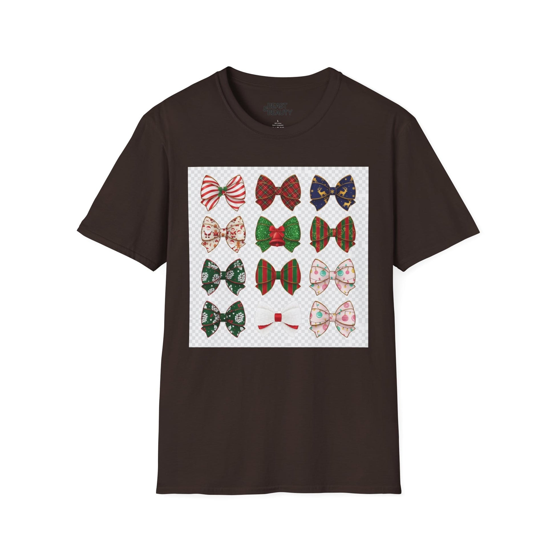 festive bow pattern t-shirt dark chocolate t-shirt uk Christmas gift idea