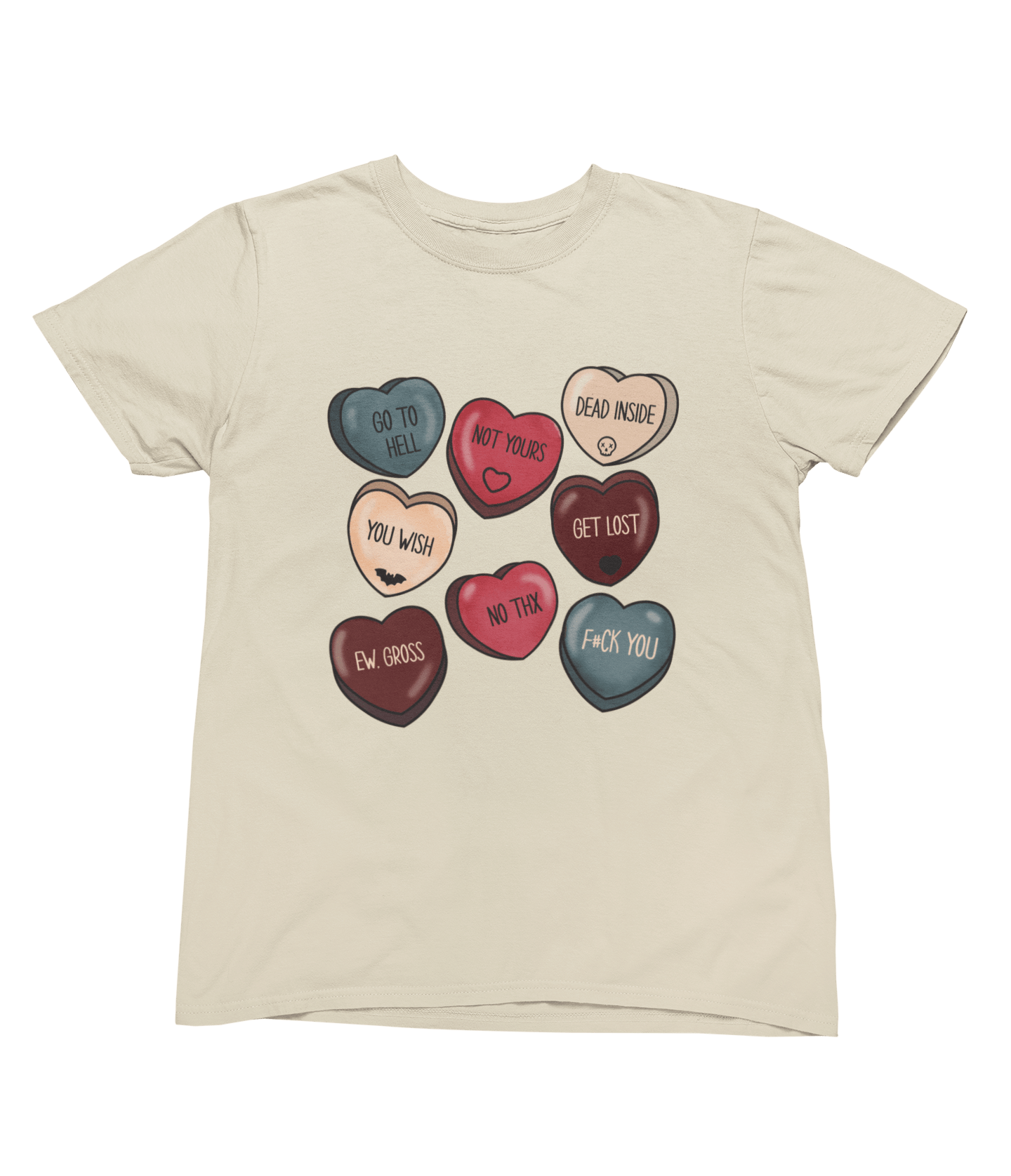 Funny Anti Valentine’s Day Conversation Hearts Shirt T-Shirt / Small / Beige gift_idea unique_gift personalised_gift