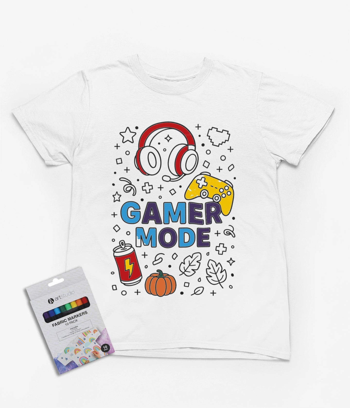 Gamer Mode Colour-In T-Shirt – DIY Gaming Shirt with Fabric Markers for Kids gift_idea unique_gift personalised_gift