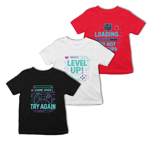 Gaming Kids T-Shirt Set (3 Pack) | Level Up, Game Over & Loading Tees 3-4 years / Set of 3 gift_idea unique_gift personalised_gift