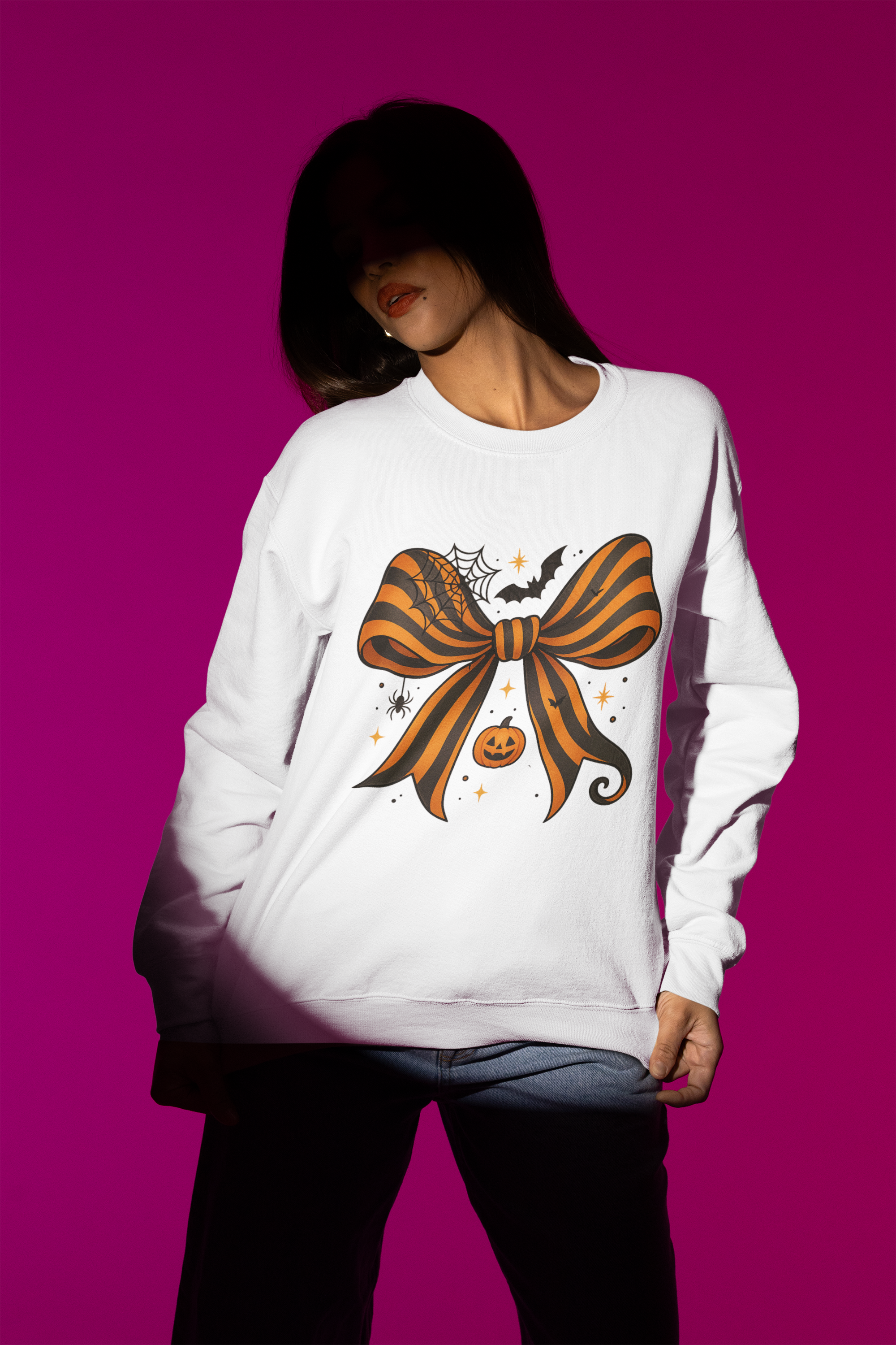 Halloween Coquette Bow Sweatshirt & T-Shirt – Pumpkin, Spider & Bat Design