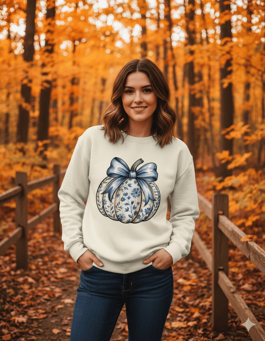 My Store Halloween Blue Floral Pumpkin Sweatshirt | Elegant Autumn Coquette Jumper