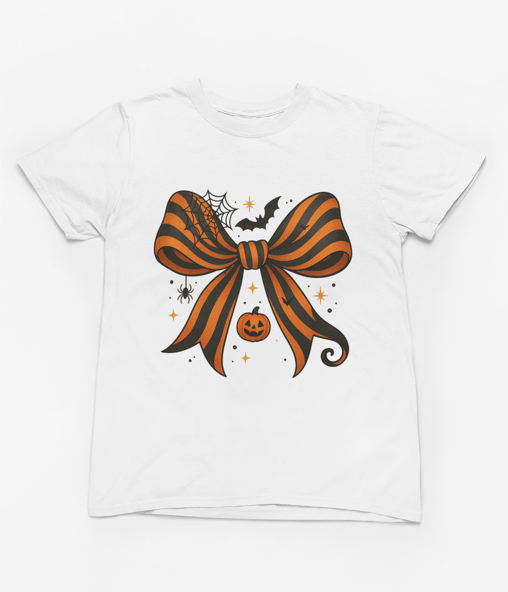 Beast and Beauty T-Shirt / 3XL (Adult) / White Halloween Coquette Bow Sweatshirt & T-Shirt – Pumpkin, Spider & Bat Design