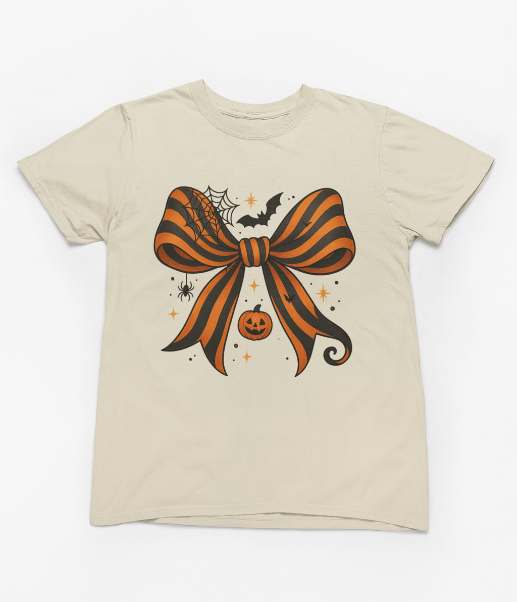 Beast and Beauty T-Shirt / 3XL (Adult) / Beige Halloween Coquette Bow Sweatshirt & T-Shirt – Pumpkin, Spider & Bat Design