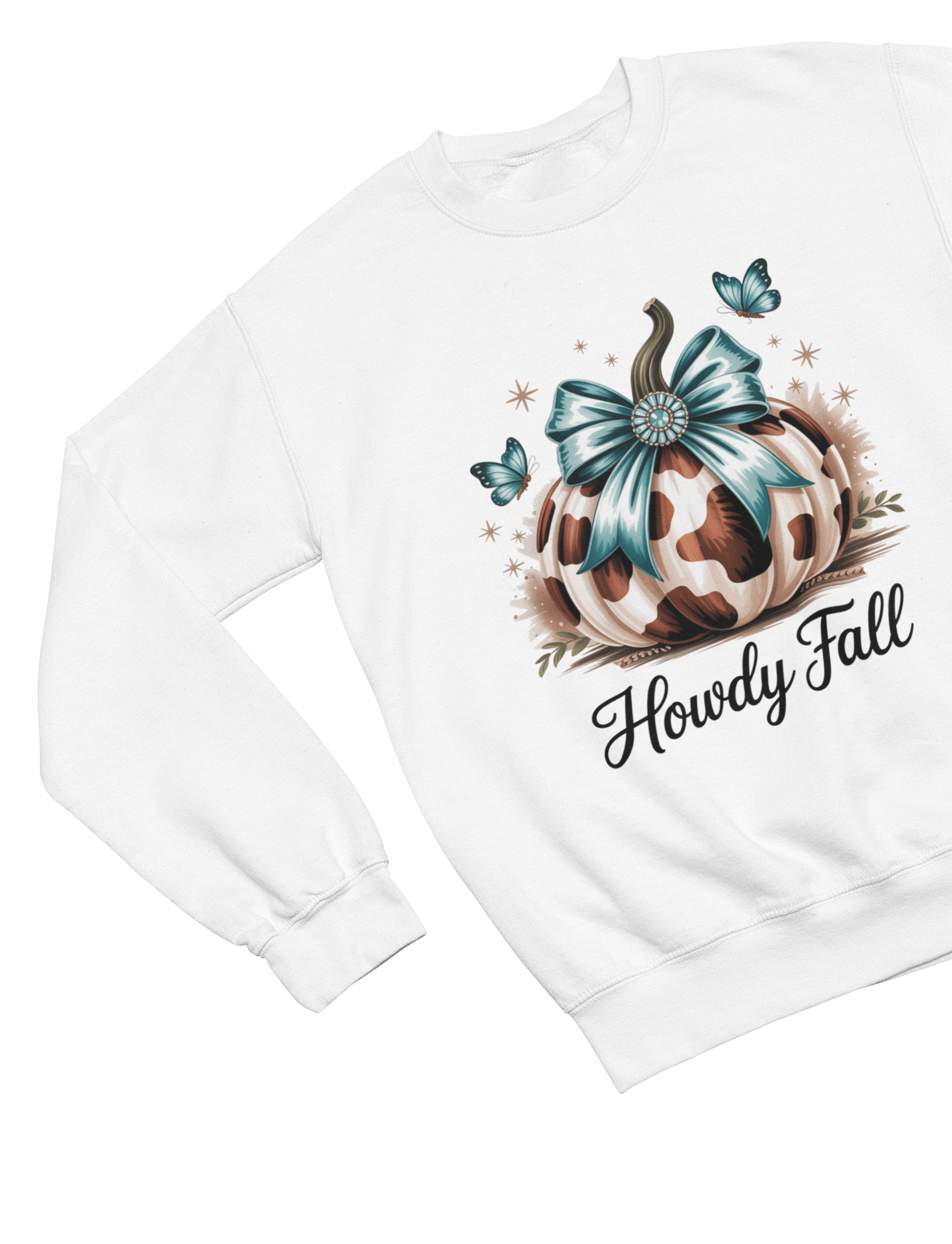 My Store Halloween Sweatshirt / S (Adult) / White Howdy Fall Sweatshirt | Cow Print Pumpkin Autumn Jumper