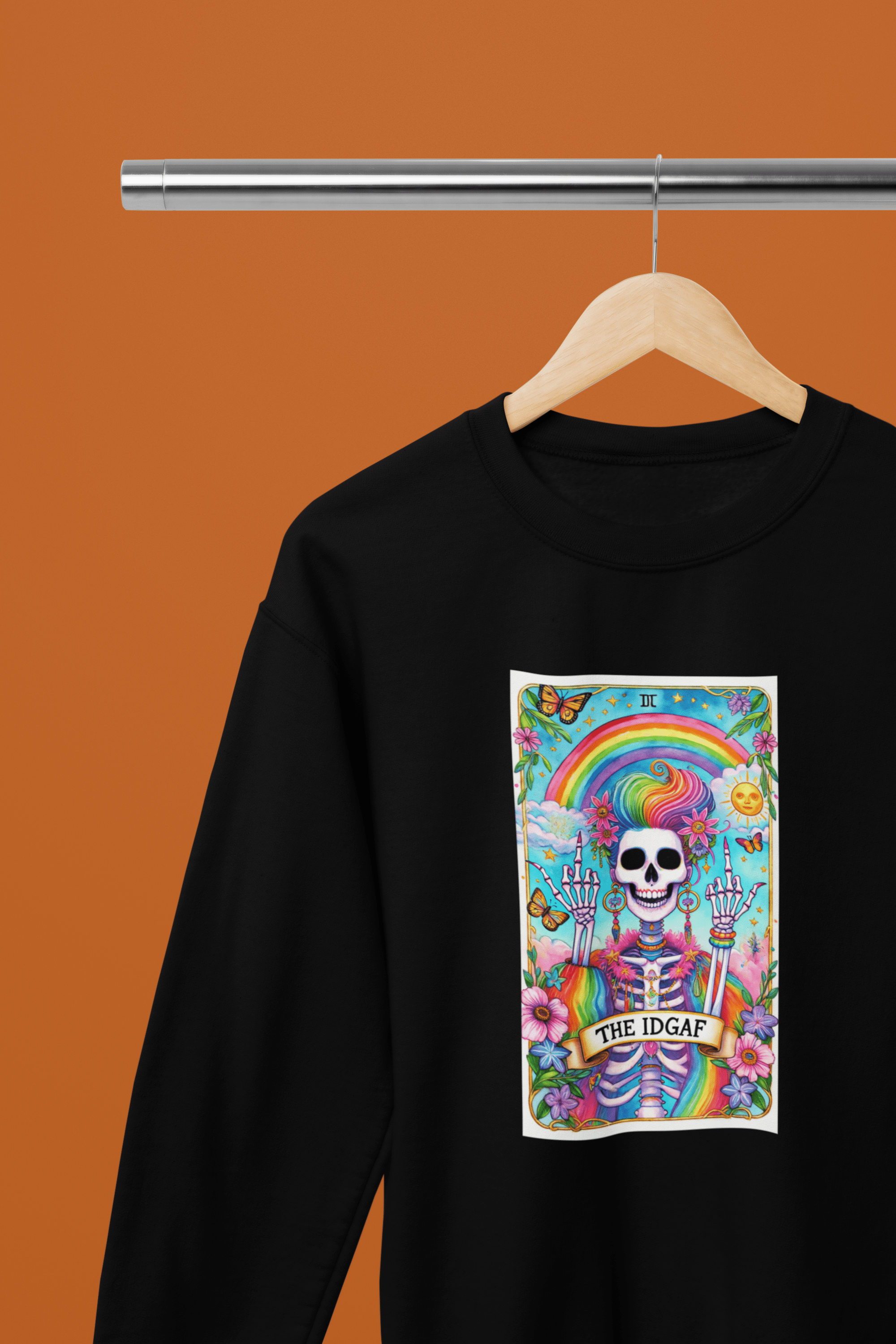 My Store Halloween IDGAF Tarot Card Shirt & Sweatshirt | Funny Halloween Skeleton Tee