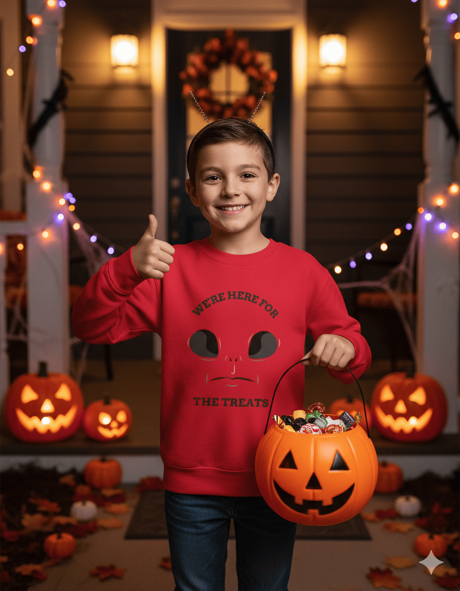 My Store Halloween Kids We’re Here for the Treats Sweatshirt | Alien Halloween Jumper
