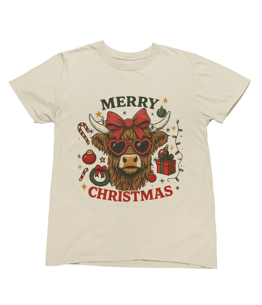 Highland Cow Merry Christmas Jumper – Funny Xmas Sweatshirt UK T-Shirt / 3XL (Adult) / Beige gift_idea unique_gift personalised_gift