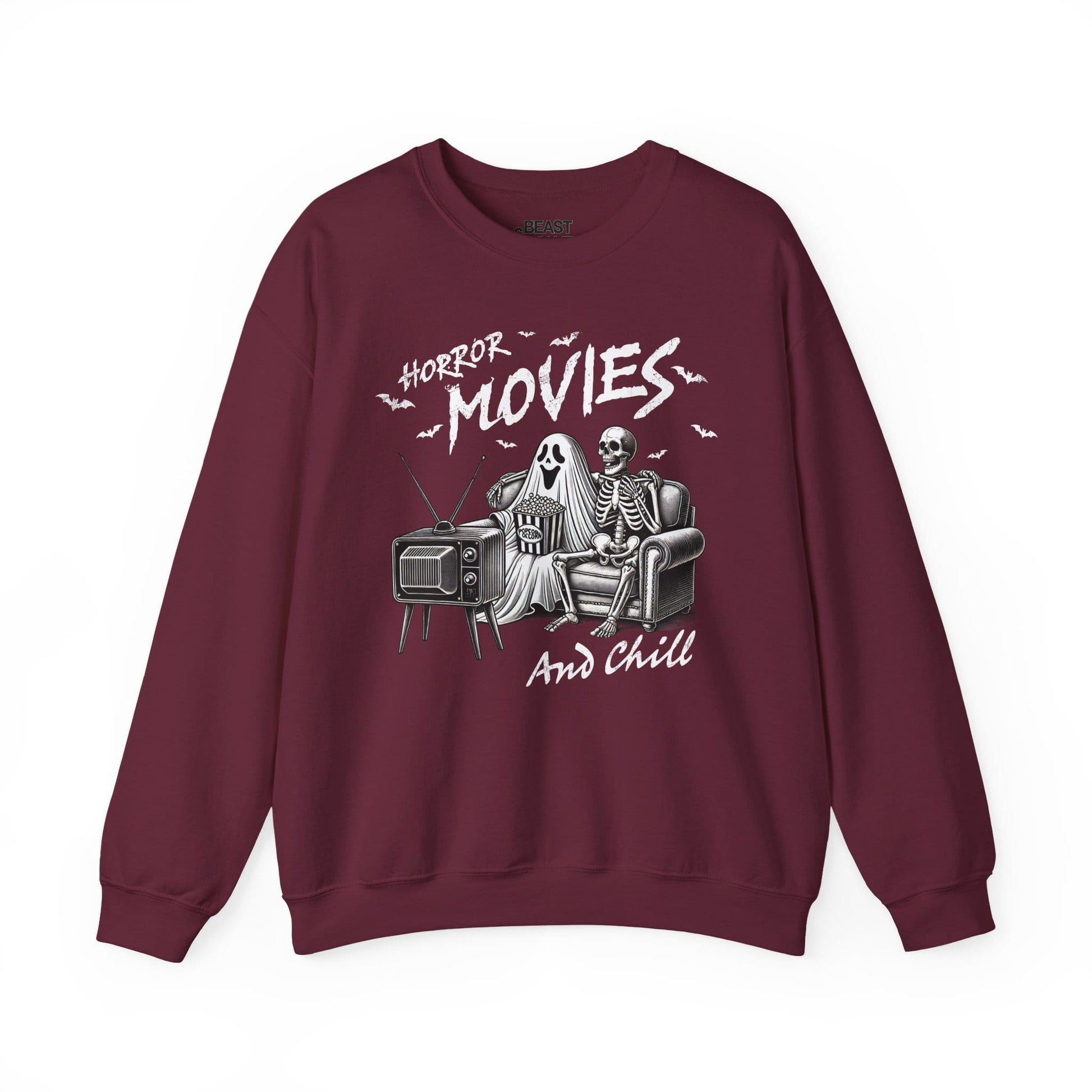 Horror Movies And Chill Halloween Sweatshirt Maroon / S gift_idea unique_gift personalised_gift