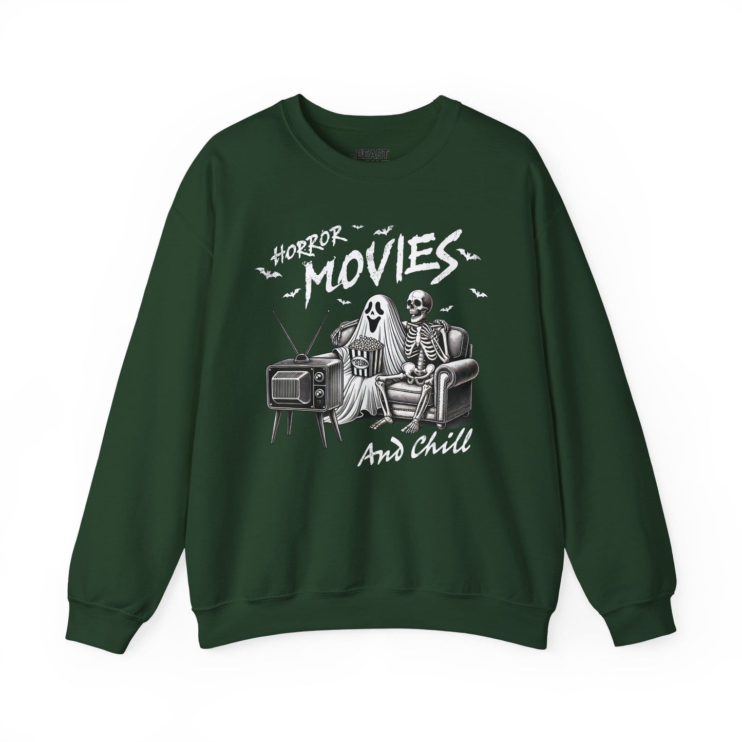 Horror Movies And Chill Halloween Sweatshirt Forest Green / S gift_idea unique_gift personalised_gift