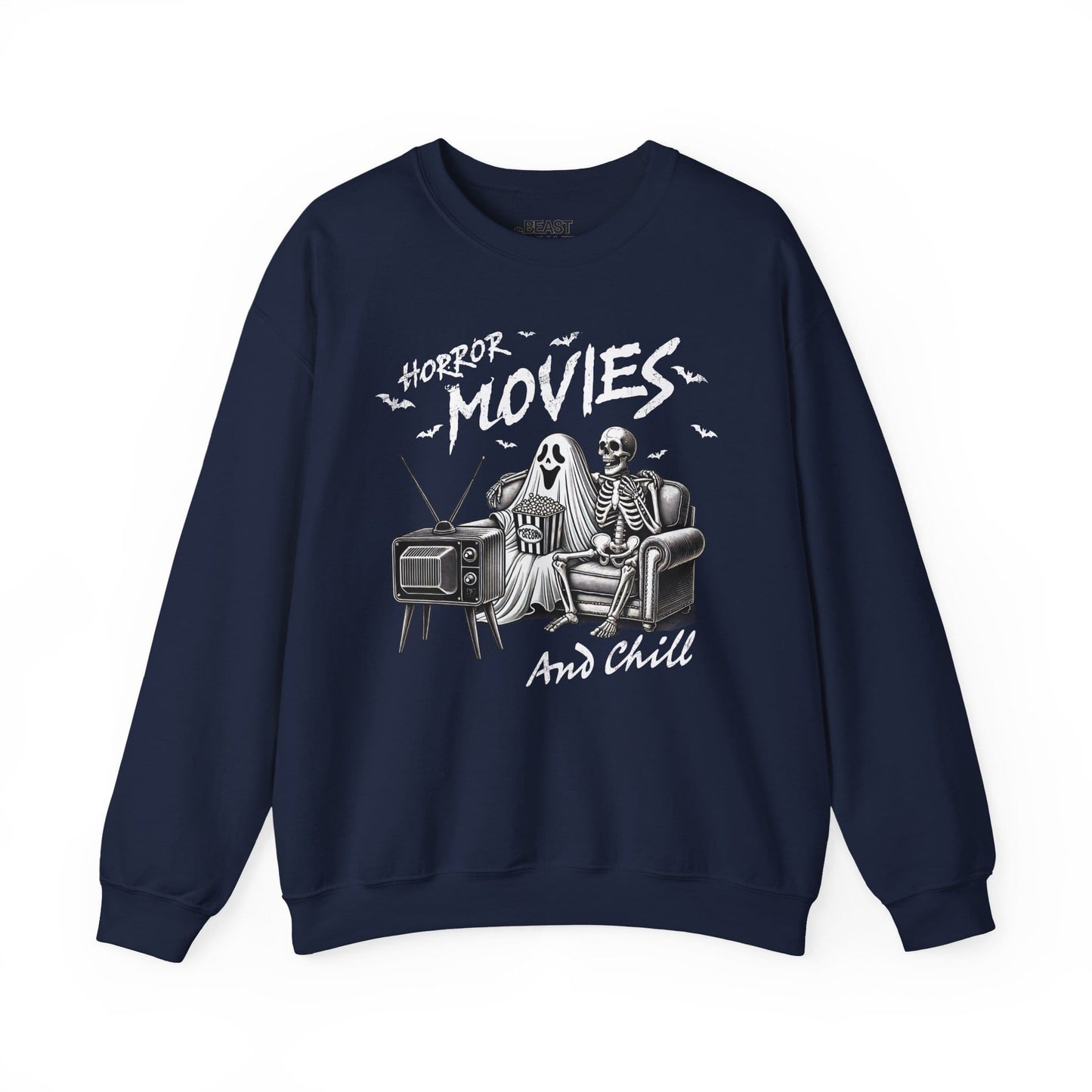 Horror Movies And Chill Halloween Sweatshirt Navy / S gift_idea unique_gift personalised_gift