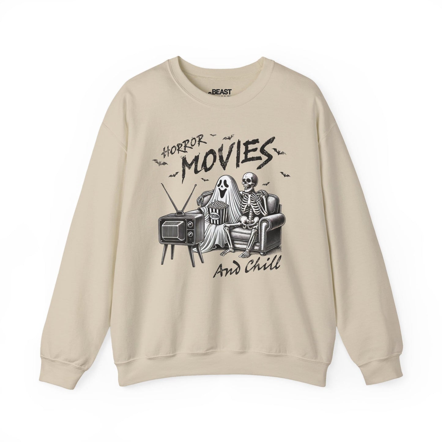 Horror Movies And Chill Halloween Sweatshirt Sand / S gift_idea unique_gift personalised_gift