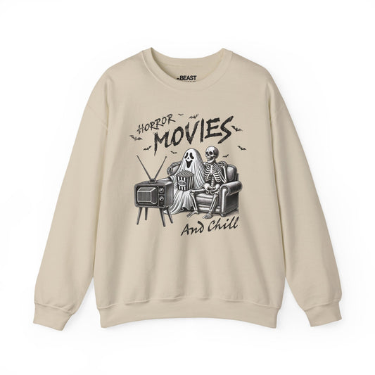 Horror Movies And Chill Halloween Sweatshirt Sand / S gift_idea unique_gift personalised_gift