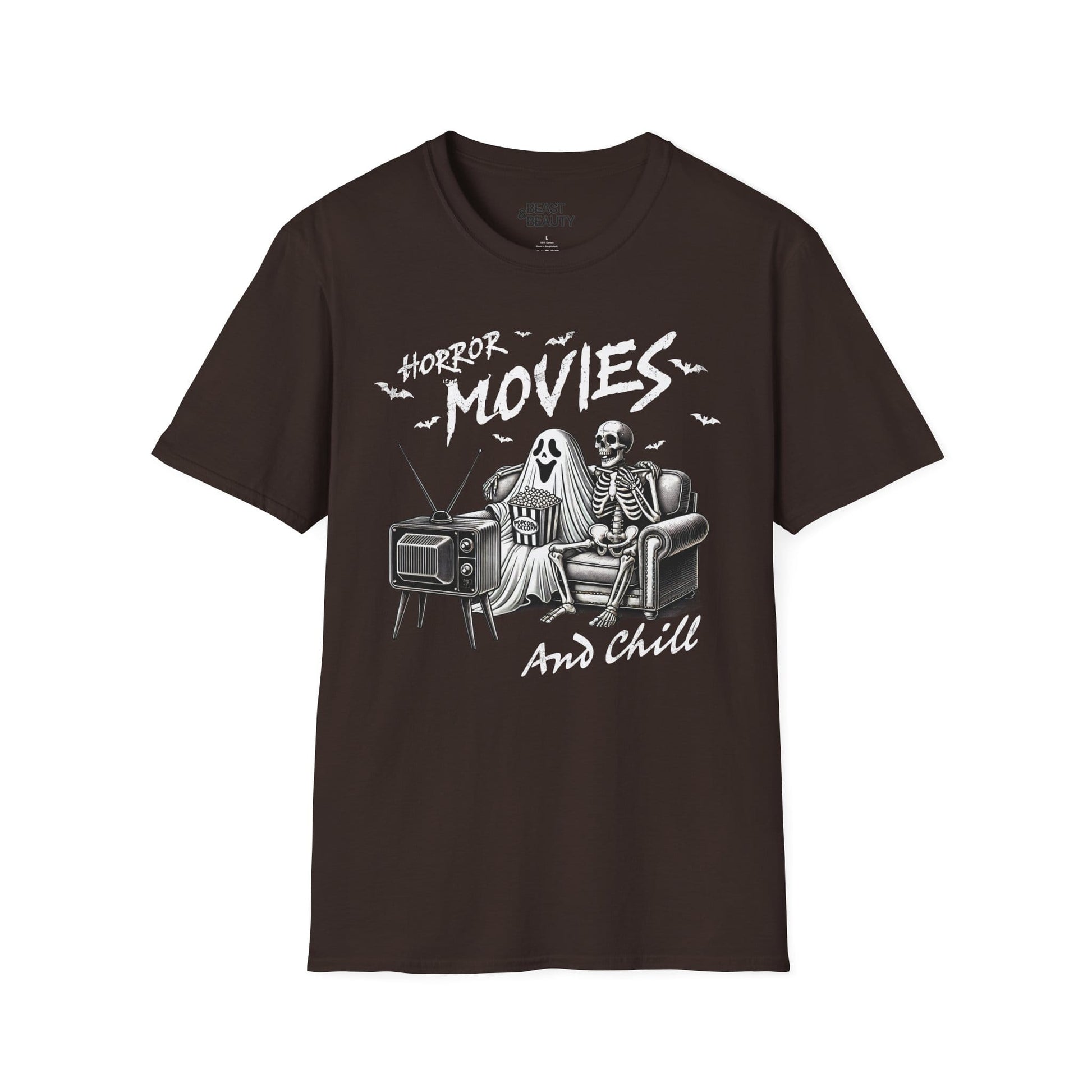 Horror Movies and Chill Halloween T-Shirt Dark Chocolate / S gift_idea unique_gift personalised_gift