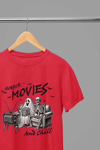 Horror Movies and Chill Sweatshirt & T-Shirt – Funny Halloween Top Red / Small / T-Shirt gift_idea unique_gift personalised_gift