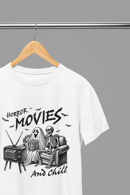 Horror Movies and Chill Sweatshirt & T-Shirt – Funny Halloween Top White / Small / T-Shirt gift_idea unique_gift personalised_gift