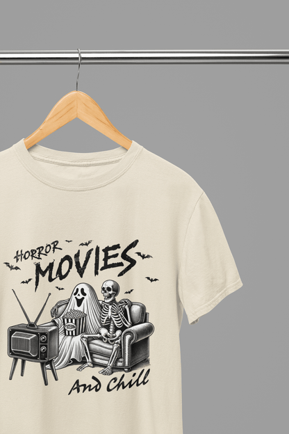 Horror Movies and Chill Sweatshirt & T-Shirt – Funny Halloween Top Beige / Small / T-Shirt gift_idea unique_gift personalised_gift