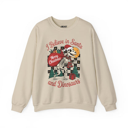 i believe in santa and dinosaurs christmas sweatshirt sand sweatshirt uk Christmas gift idea