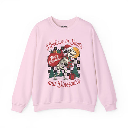 i believe in santa and dinosaurs christmas sweatshirt light pink sweatshirt uk Christmas gift idea