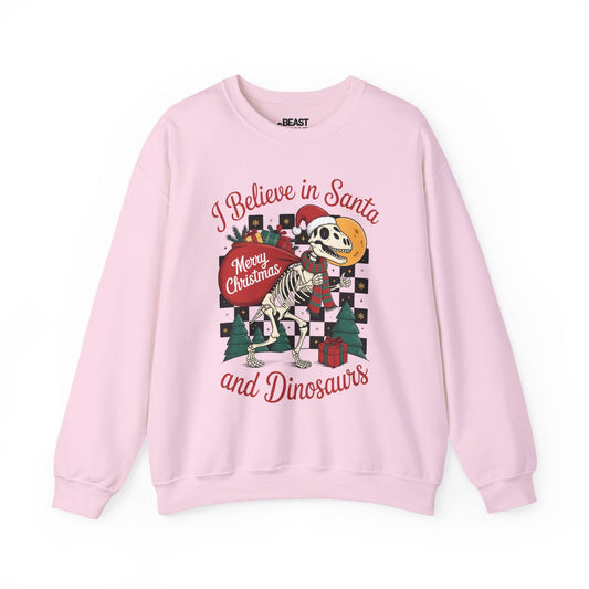 i believe in santa and dinosaurs christmas sweatshirt light pink sweatshirt uk Christmas gift idea