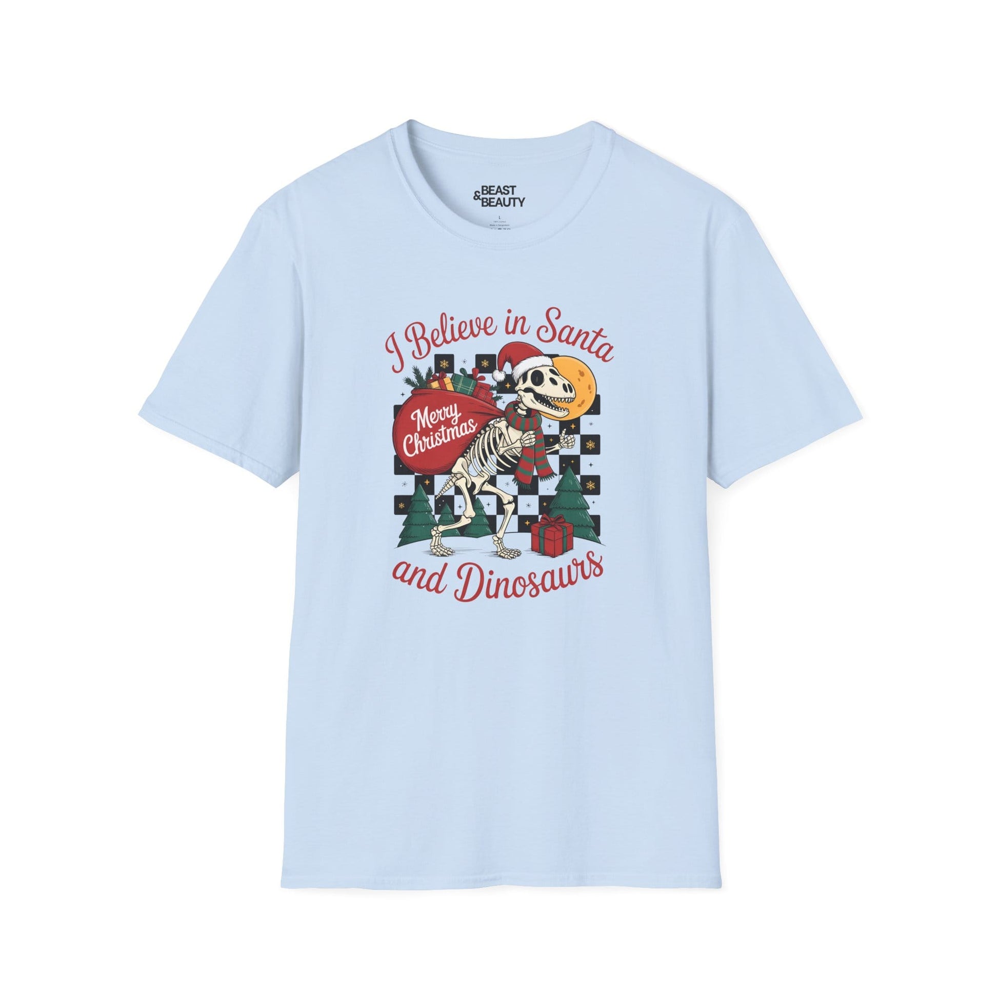 i believe in santa and dinosaurs christmas t-shirt light blue t-shirt uk Christmas gift idea
