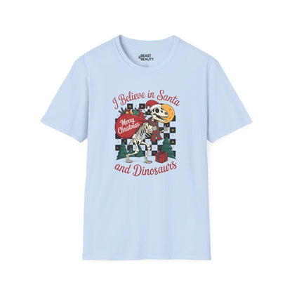 i believe in santa and dinosaurs christmas t-shirt light blue t-shirt uk Christmas gift idea