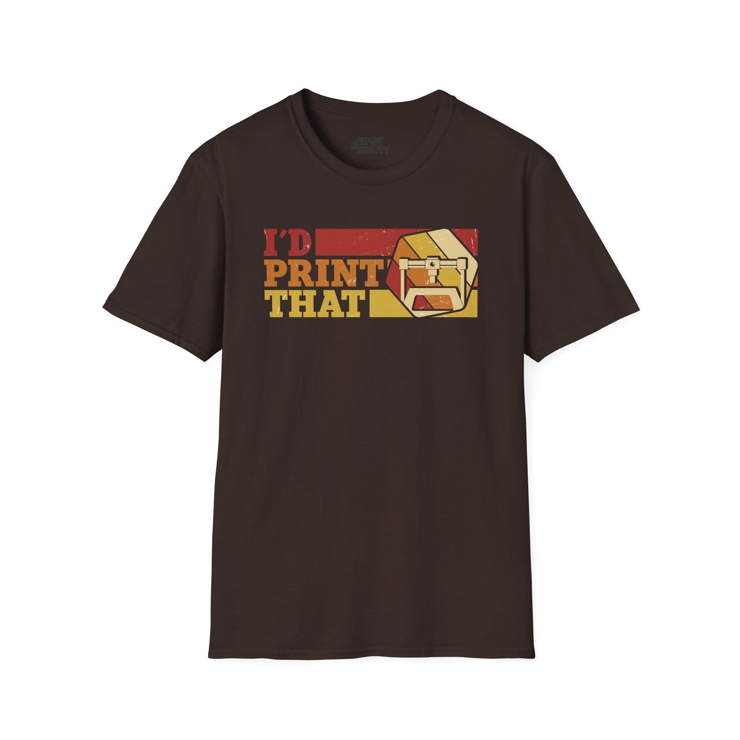 I'd Print That - Funny 3D Printing T-Shirt | Retro Yellow Maker Tee Dark Chocolate / S gift_idea unique_gift personalised_gift