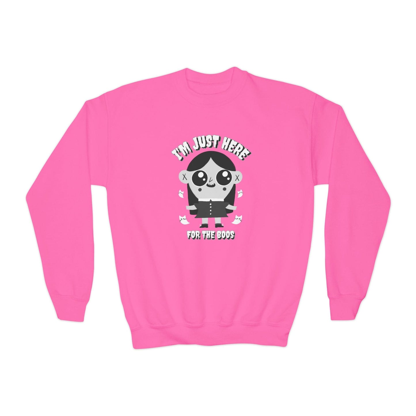 I’m Just Here For The Boos Kids Halloween Sweatshirt Safety Pink / XS gift_idea unique_gift personalised_gift
