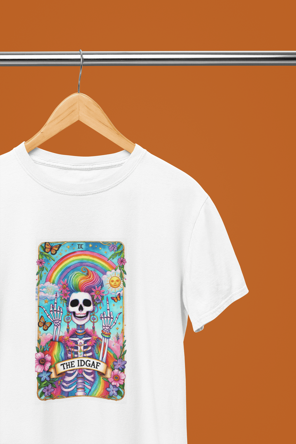 IDGAF Tarot Card Skeleton Sweatshirt & T-Shirt – Rainbow Gothic Style T-Shirt / White / Small gift_idea unique_gift personalised_gift