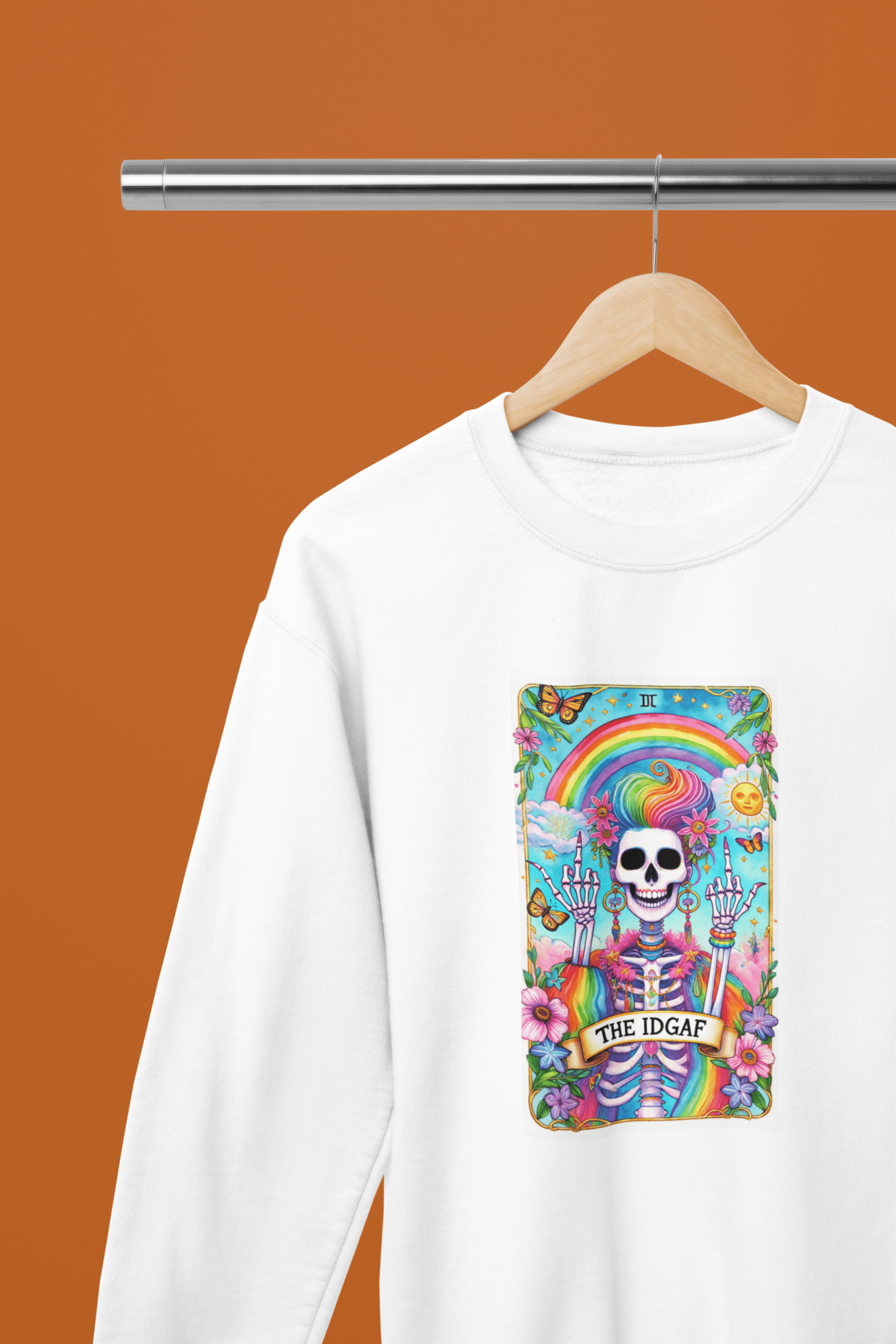 IDGAF Tarot Card Skeleton Sweatshirt & T-Shirt – Rainbow Gothic Style Sweatshirt / White / Small gift_idea unique_gift personalised_gift