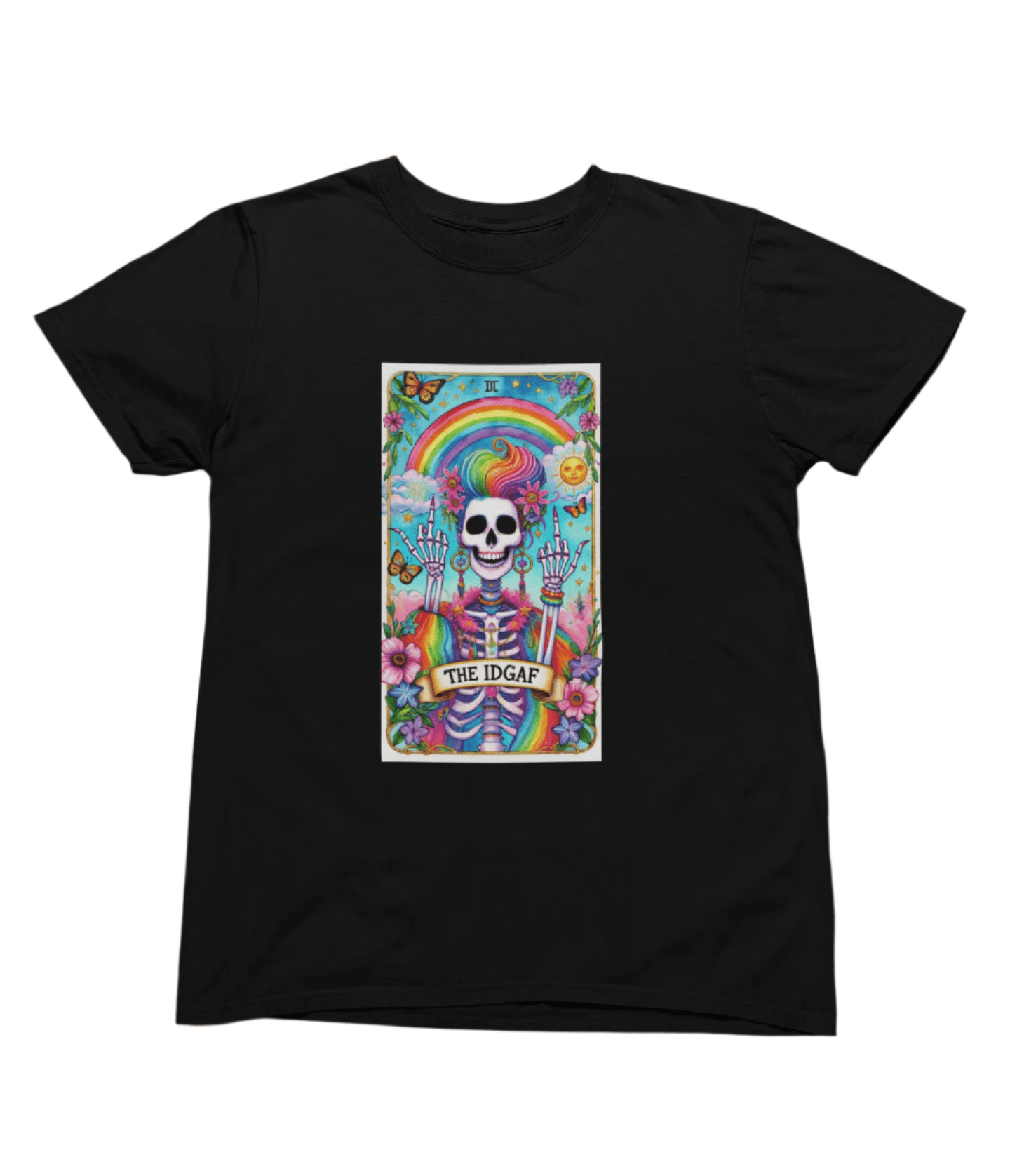 IDGAF Tarot Card Skeleton Sweatshirt & T-Shirt – Rainbow Gothic Style T-Shirt / Black / Small gift_idea unique_gift personalised_gift