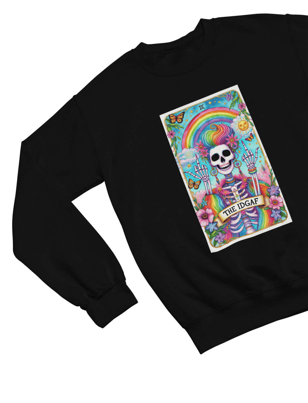 IDGAF Tarot Card Skeleton Sweatshirt & T-Shirt – Rainbow Gothic Style gift_idea unique_gift personalised_gift