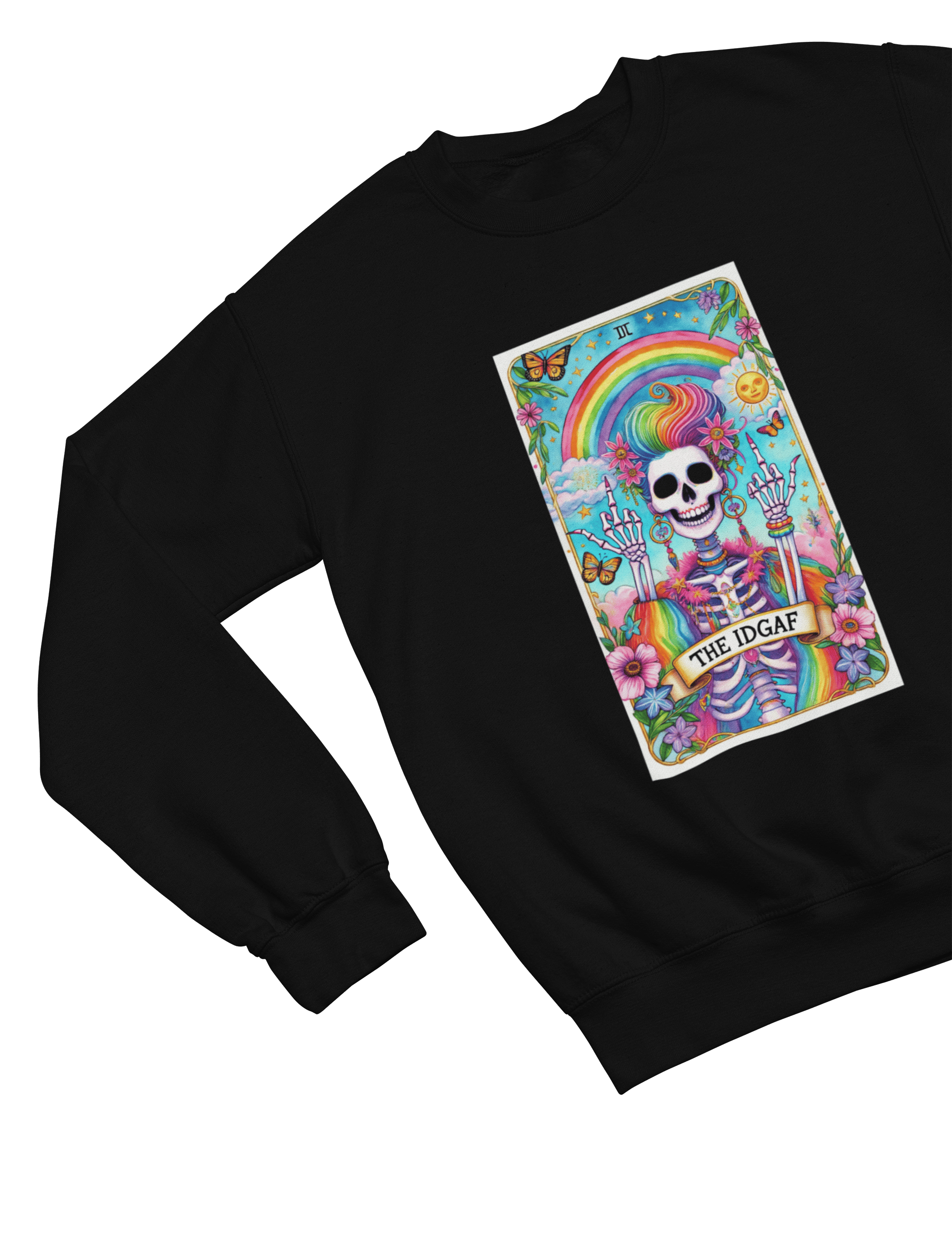 IDGAF Tarot Card Skeleton Sweatshirt & T-Shirt – Rainbow Gothic Style gift_idea unique_gift personalised_gift