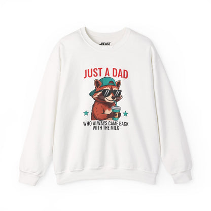 just a dad who came back with the milk sweatshirt cool raccoon dad gift sizes s-5xl white sweatshirt uk Christmas gift idea