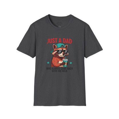 just a dad who came back with the milk t-shirt cool raccoon dad tee sizes s-3xl dark heather t-shirt uk Christmas gift idea