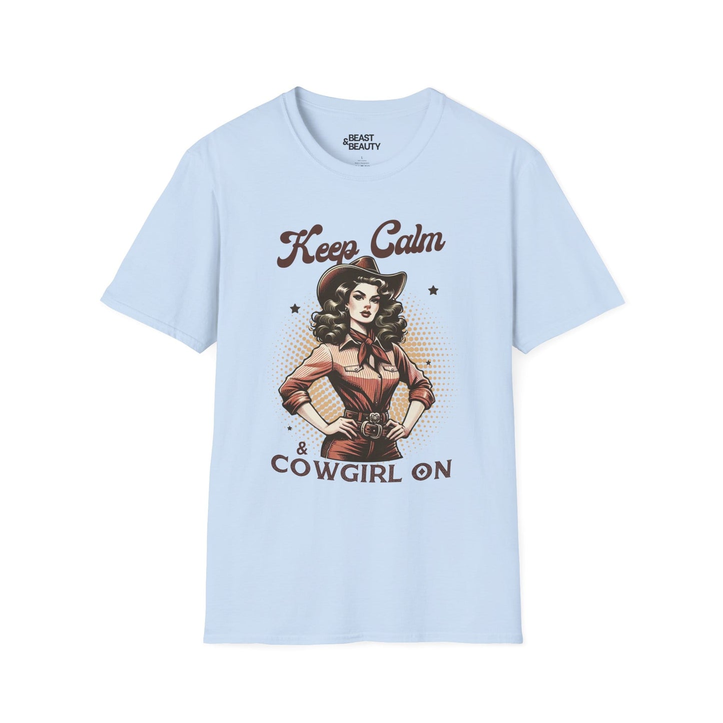keep calm & cowgirl on t-shirt light blue t-shirt uk cowgirl gift idea