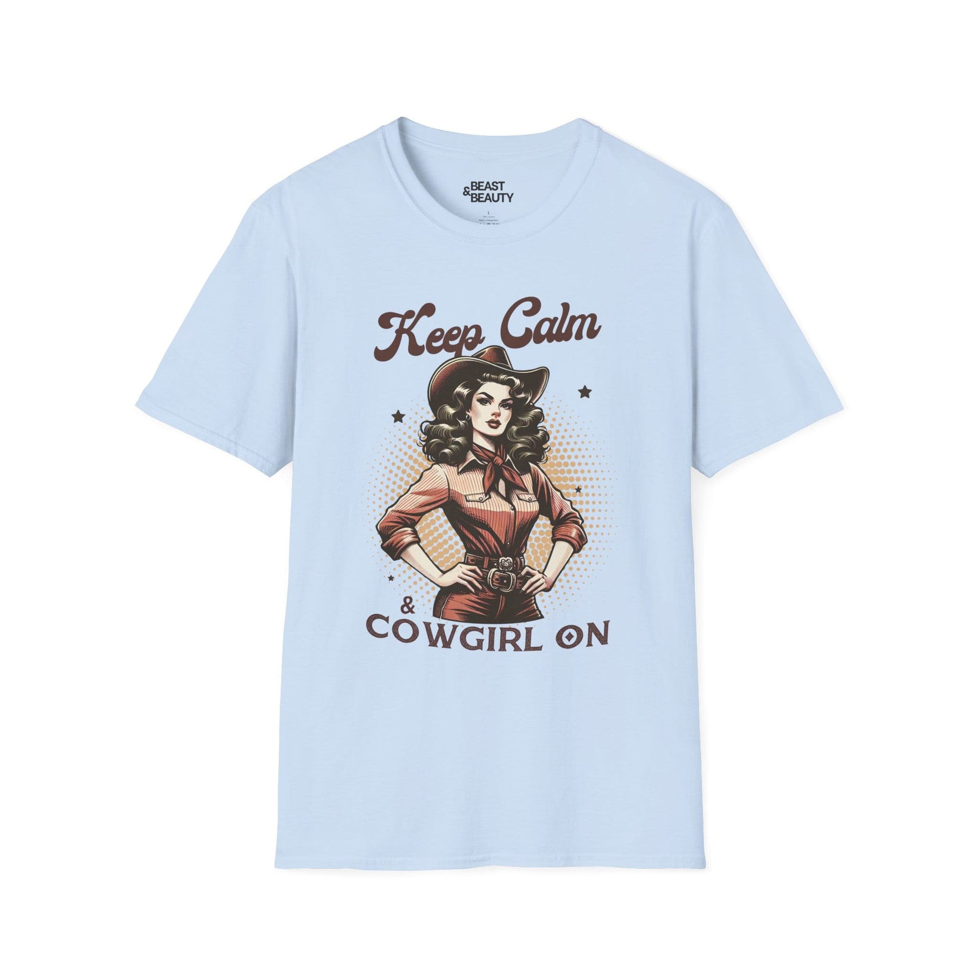 keep calm & cowgirl on t-shirt light blue t-shirt uk cowgirl gift idea