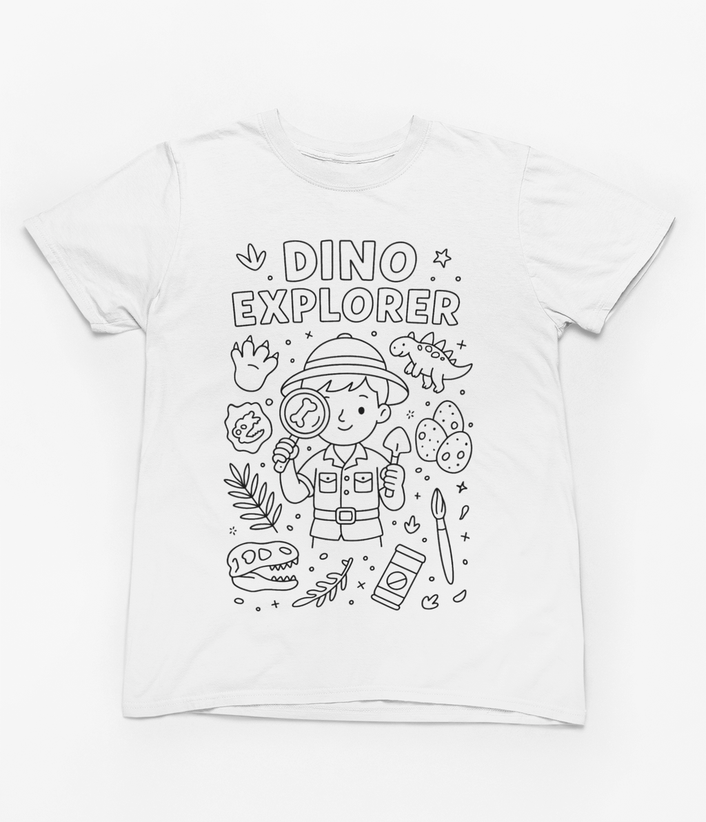 My Store Kids Clothing Dino Explorer Colour-In T-Shirt – Creative Fossil Hunter Tee with Markers