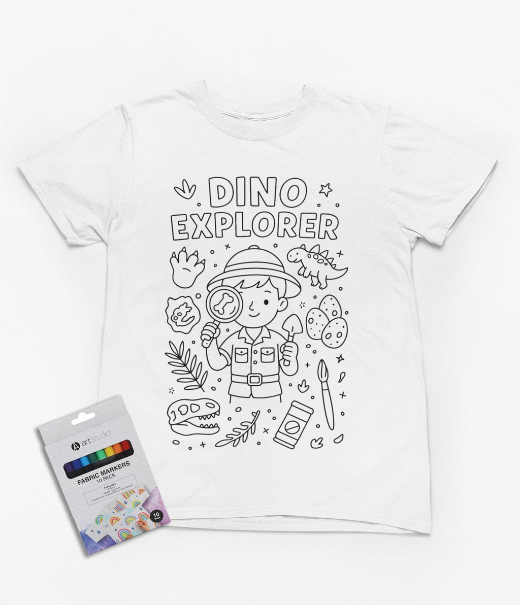 My Store Kids Clothing 3-4 years Dino Explorer Colour-In T-Shirt – Creative Fossil Hunter Tee with Markers