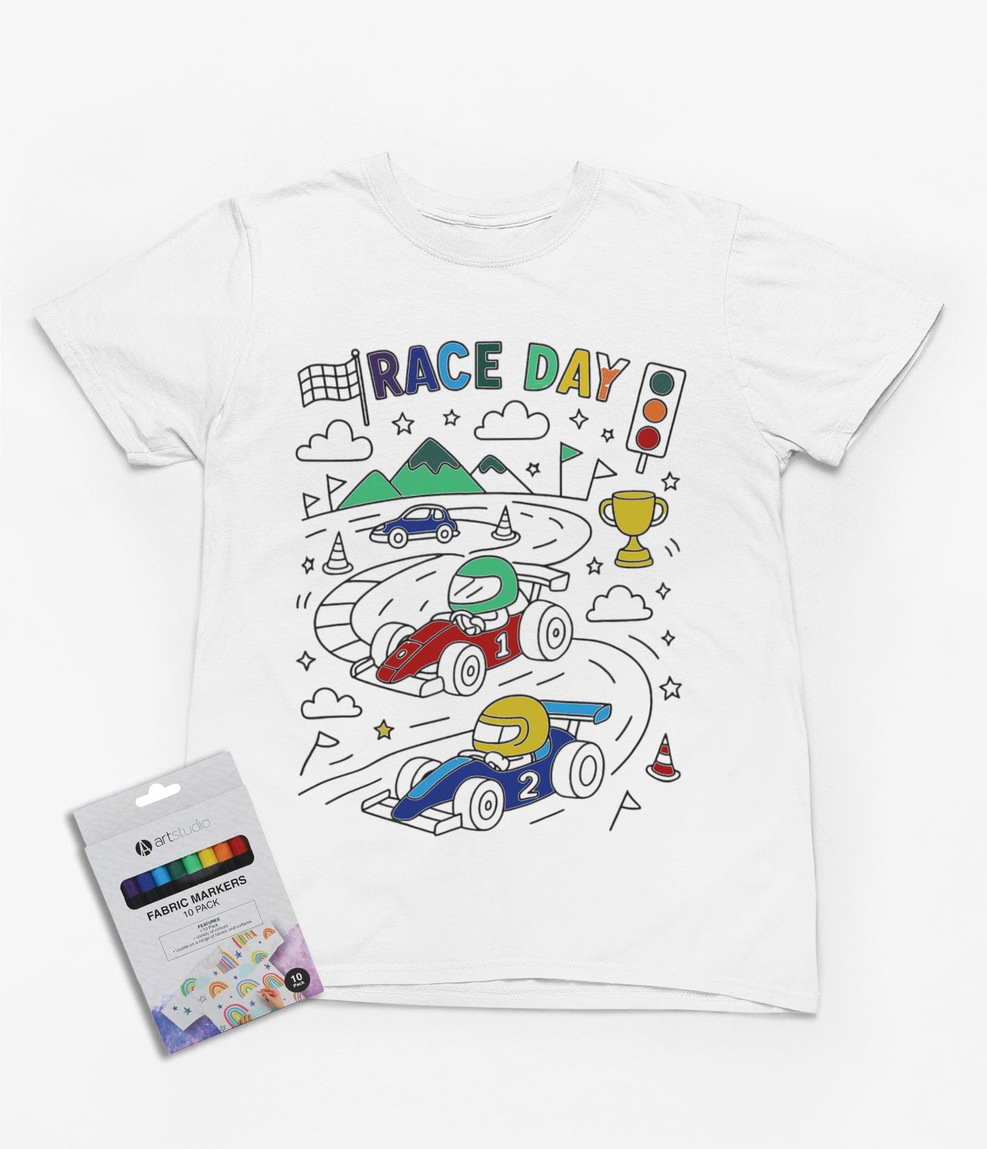 My Store Kids Clothing Race Day Colour-In T-Shirt – DIY Racing Fun for Kids with Fabric Markers