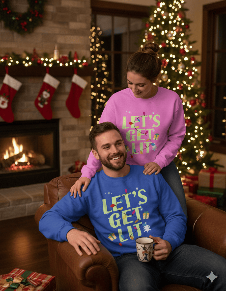 Beast and Beauty Let’s Get Lit Christmas Sweatshirt – Funny Holiday Lights Jumper