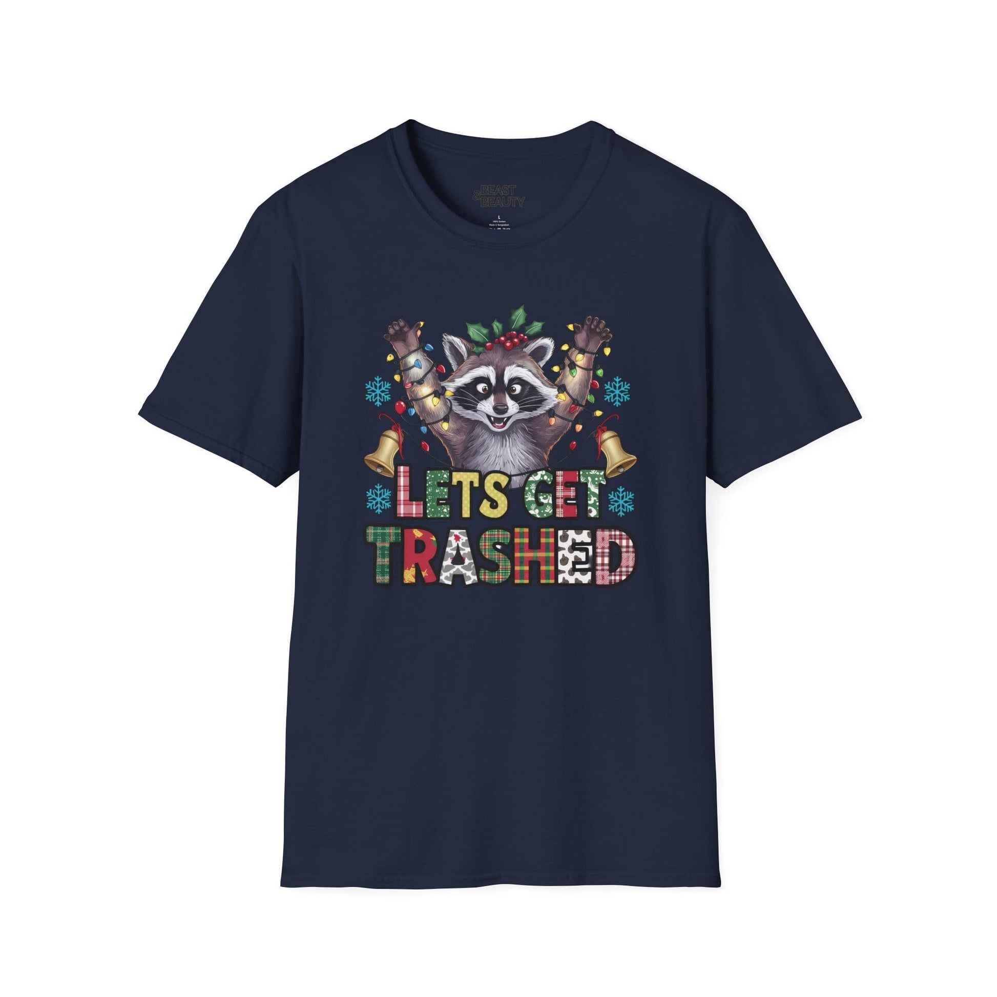let s get trashed raccoon christmas t-shirt navy t-shirt uk Christmas gift idea
