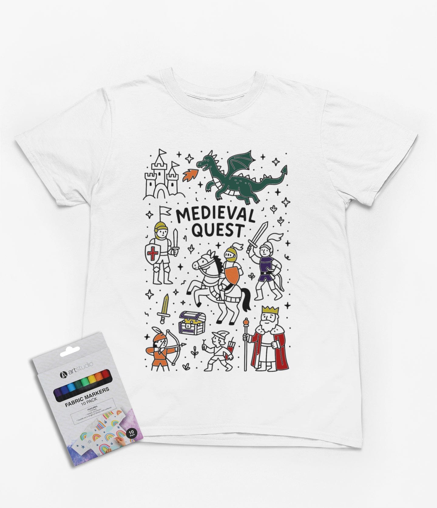 Medieval Quest Colour-In T-Shirt – Knights, Dragons & DIY Adventure for Kids gift_idea unique_gift personalised_gift