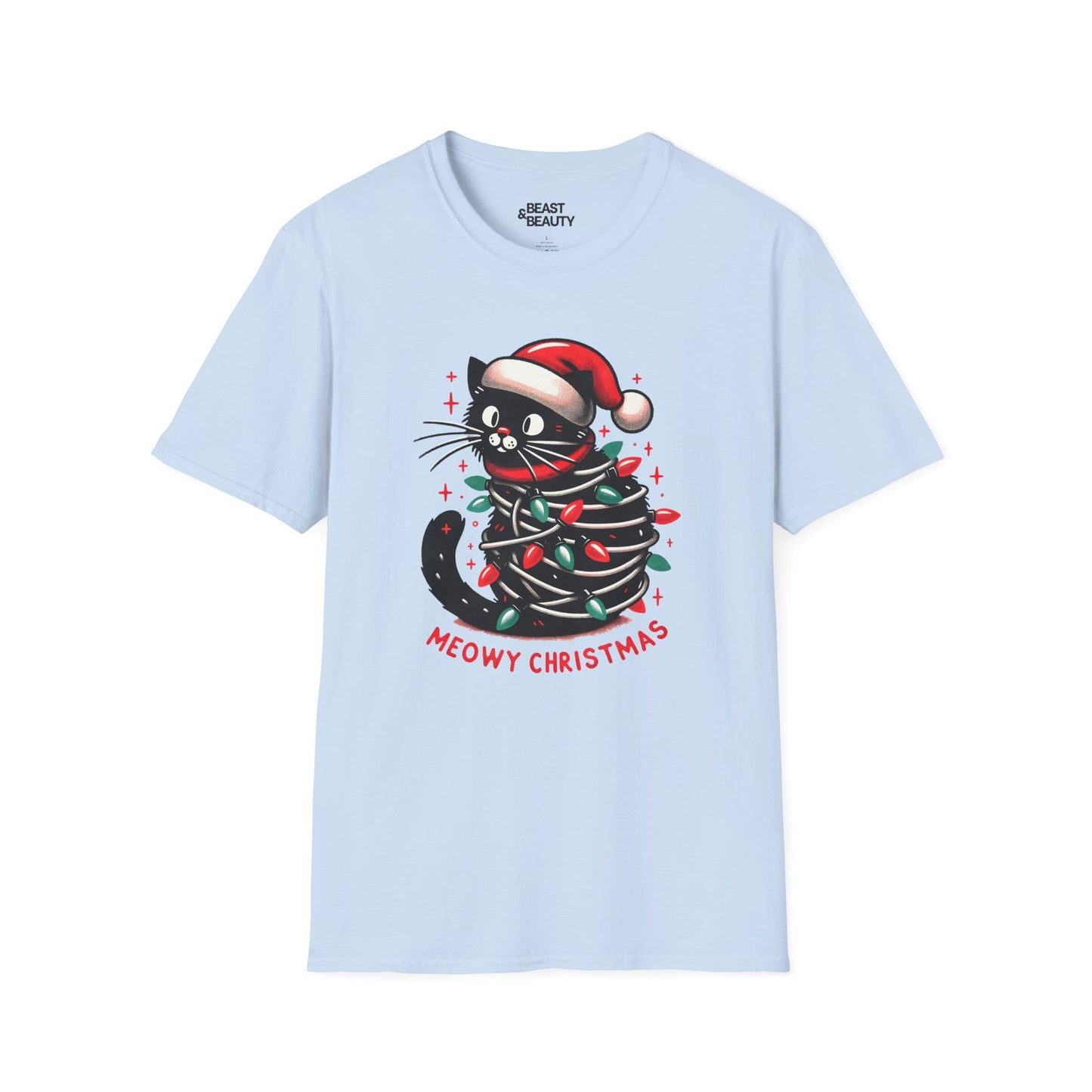 meowy christmas cat t-shirt light blue t-shirt uk Christmas gift idea
