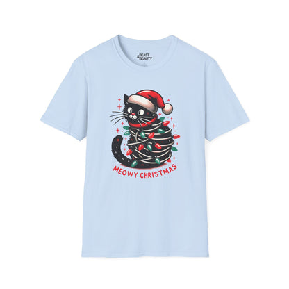 meowy christmas cat t-shirt light blue t-shirt uk Christmas gift idea