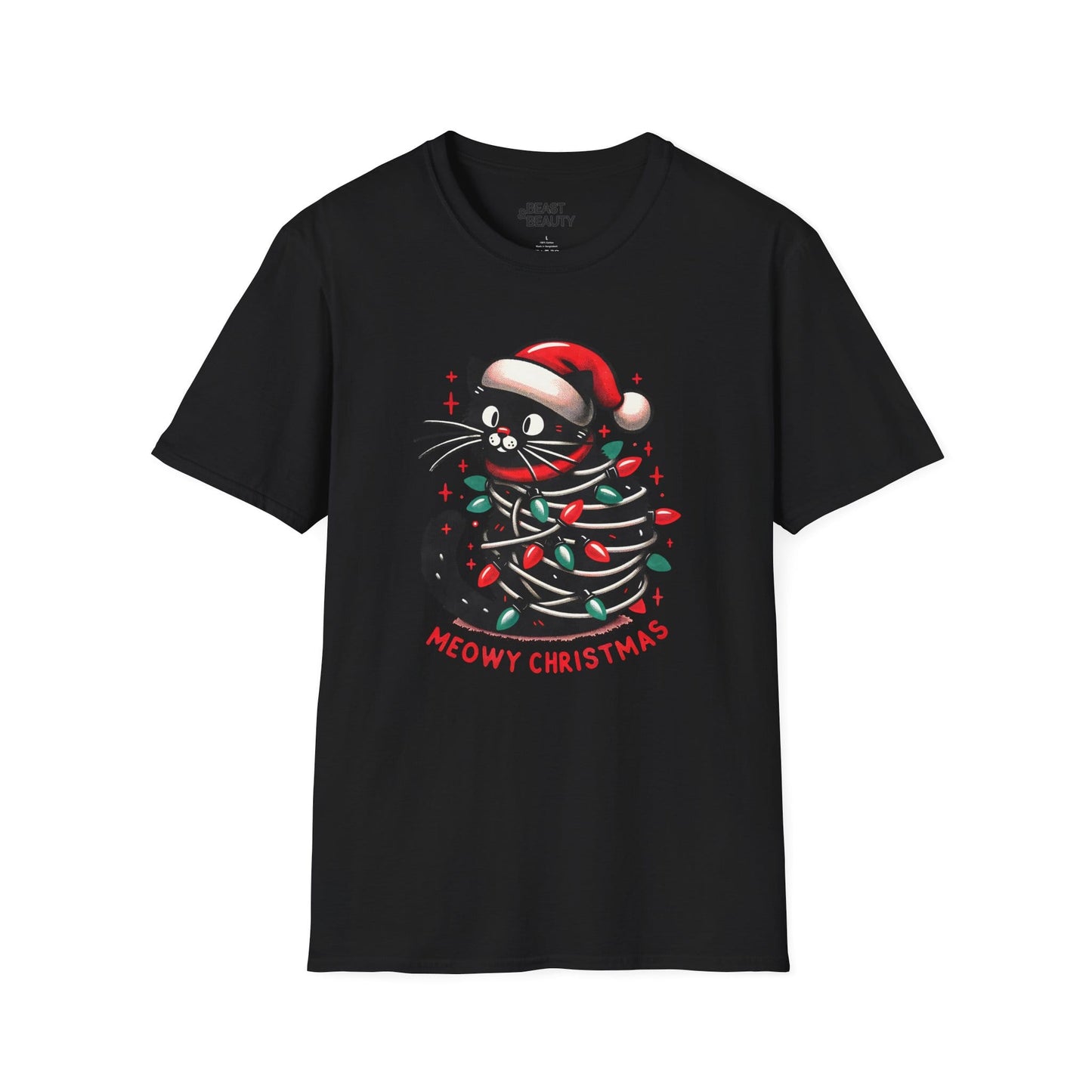 meowy christmas cat t-shirt black t-shirt uk Christmas gift idea