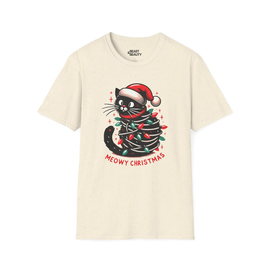 meowy christmas cat t-shirt natural t-shirt uk Christmas gift idea
